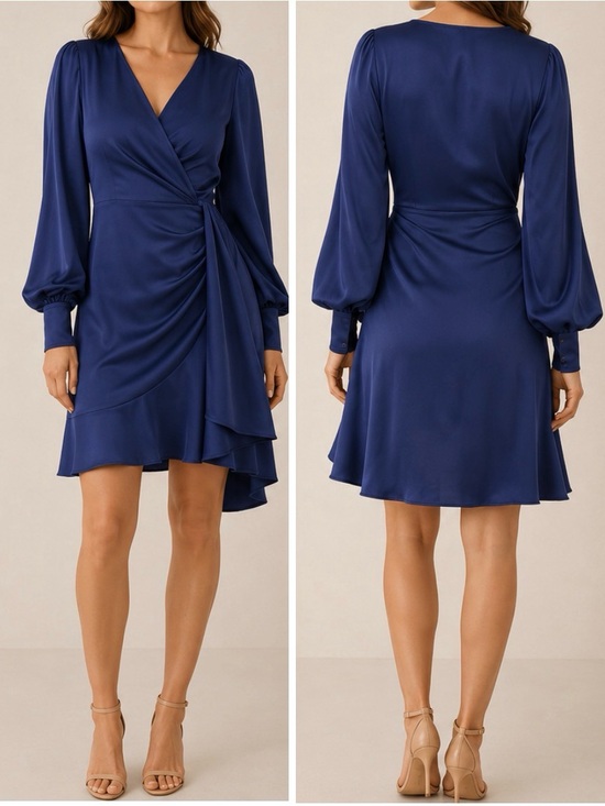 Sachin & Babi Daria Satin Wrap Mini Dress Washed Indigo Blue Puff Sleeve